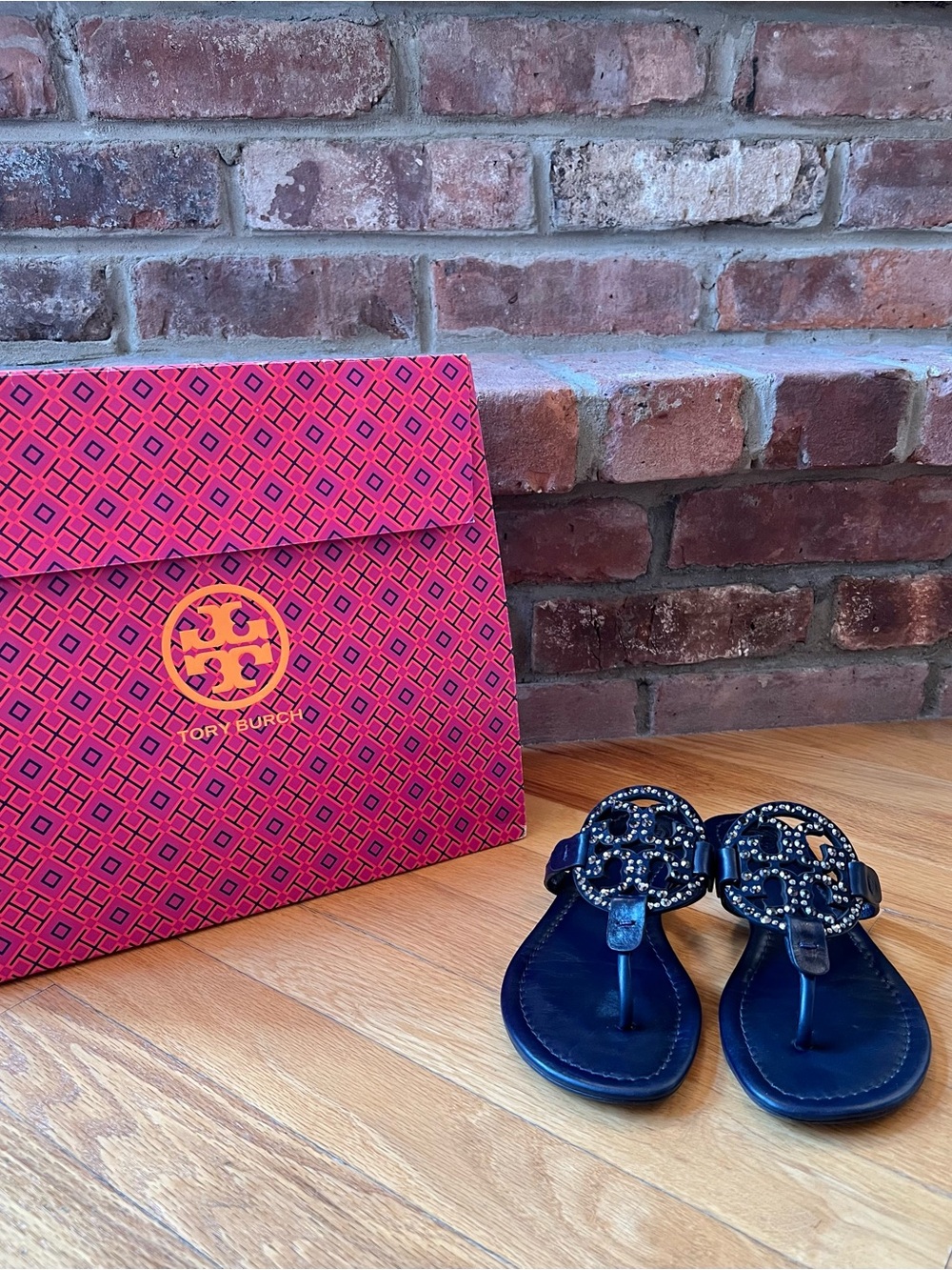 Tory Burch Navy Blue Embellished Leather Miller Sandals